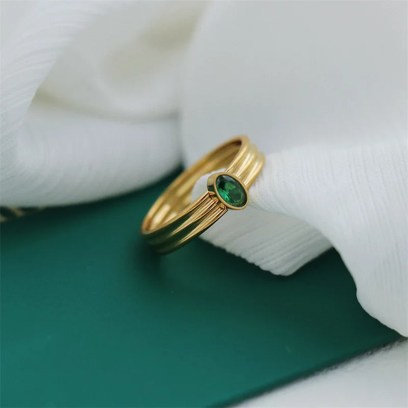 

Vintage Waterproof Summer Jewelry Double Layer 18k Gold Plated Stainless Steel Green Cubic Zirconia Finger Rings YF3403
