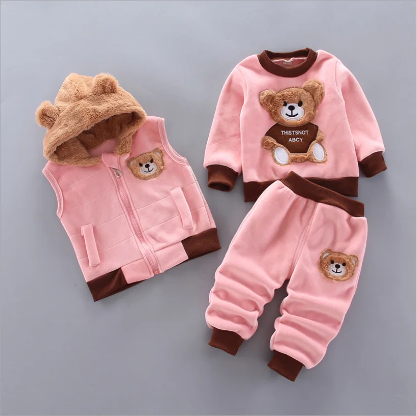 

2020 New Kid Clothes Baby Autumn And Winter Plus Velvet Thickening Cartoon Bear Three-Piece Korean Sports Kids Clothing Sets