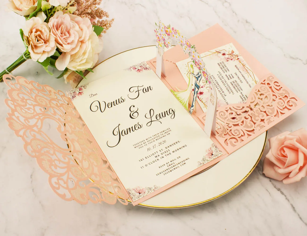 

Grey Pink Ivory Pearl Laser Cut 3D Wedding Invitation Card Vintage Trifold Greeting Gift Pocket Invite Cover Party Anniversary