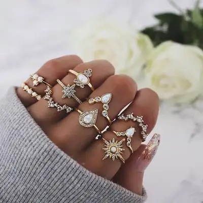 

Bohemian National Women Jewelry Stackable Waterdrop Crystal Knuckle Ring Set Gold Color Flower Crown Ring Set For Wedding