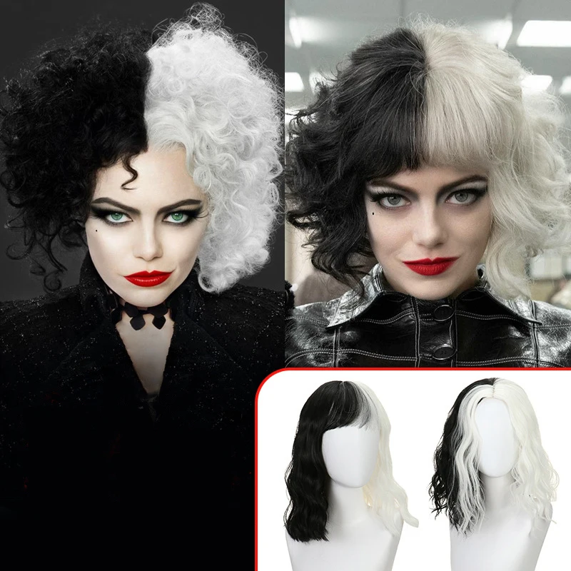 

HA113 Black And White Witch Cos Wig Ladies Full Headgear Curly Hair Cosplay Long Curl Platinum Blonde Synthetic Fiber Wigs