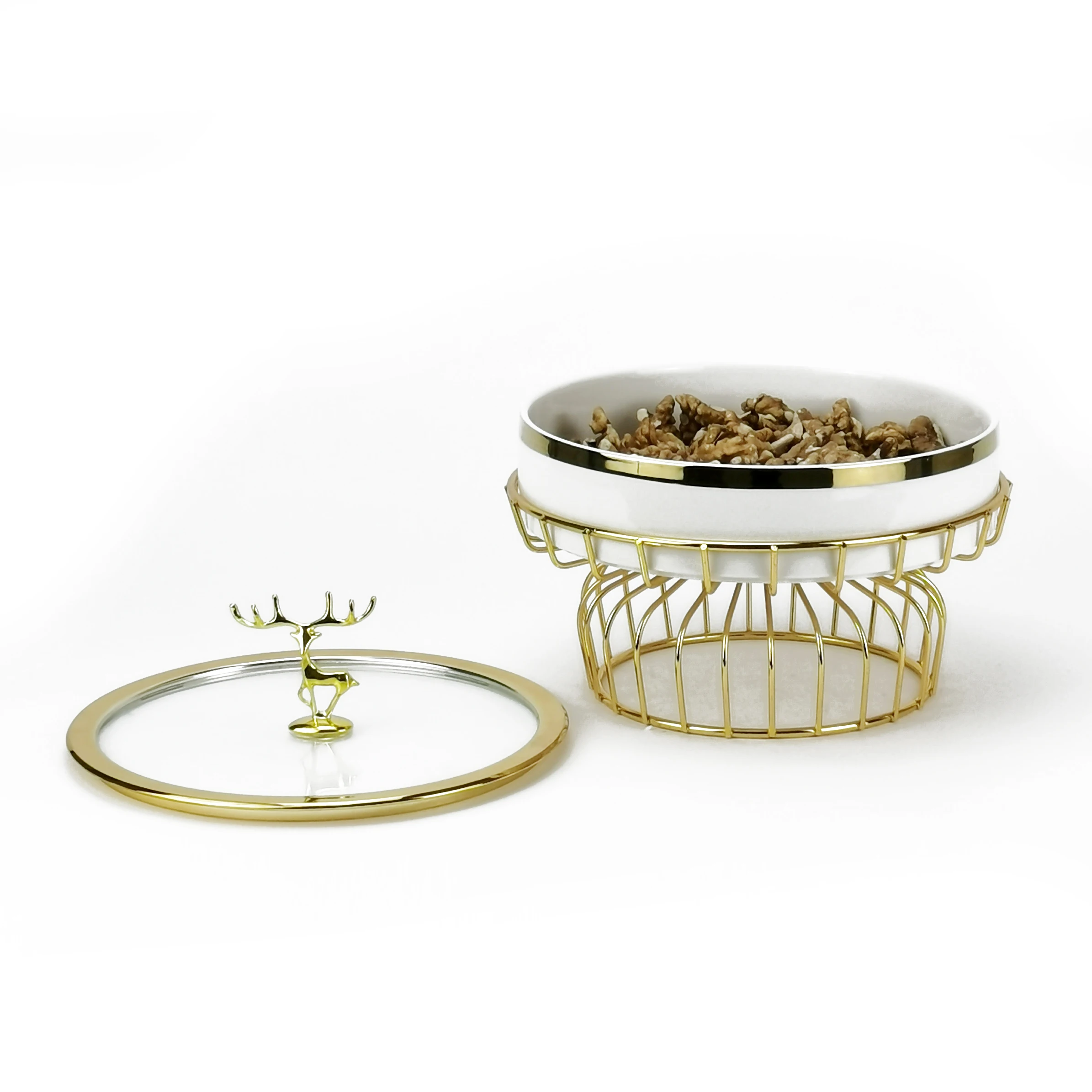 

Ceramic Snack Bowl Fruit Bowl With Gold Stand Wedding Bowl, White/atrovirens