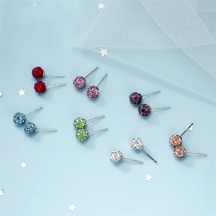 

Pure Silver Full Diamond Round Glass Beads Earrings 925 Sterling Silver Rhinestone Crystal Ball Stud Earrings For Women Girls