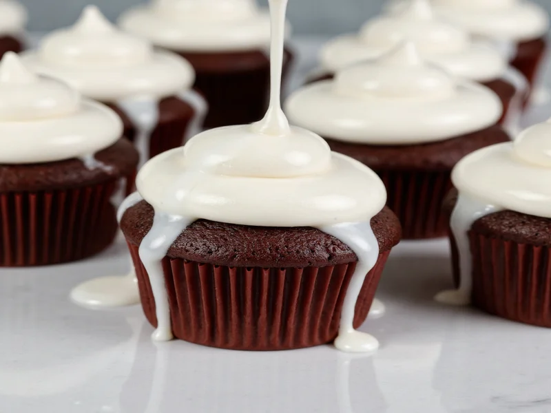 Smooth white icing drizzling over chocolate cupcakes