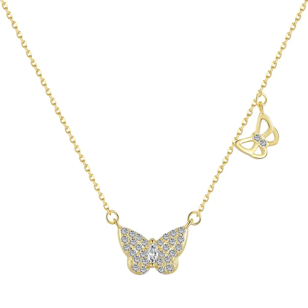 

Factory 925 Sterling Silver Necklace Cubic Zircon 18K Gold Plated Jewelry Delicate Double Butterfly Pendent Necklaces For Women