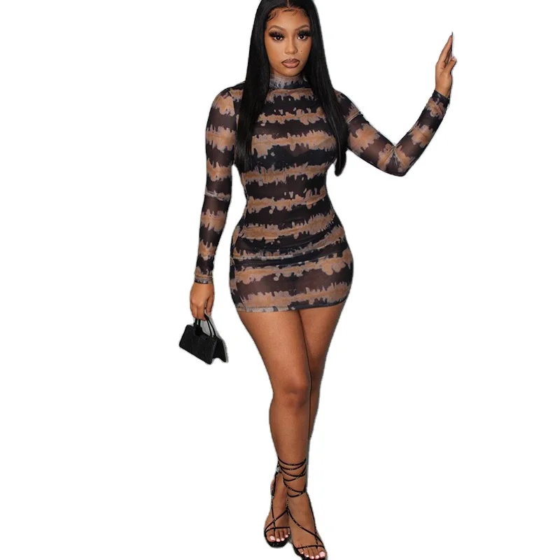 

HJ ADR27 Perspective Brown Mini Long Sleeve Sexy Club Dress 2021, Black