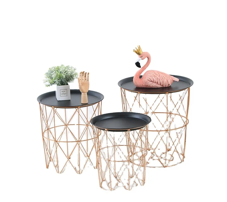 

ins Nordic wrought iron bedroom coffee table simple wrought iron laundry basket storage basket home decoration metal crafts, Golden