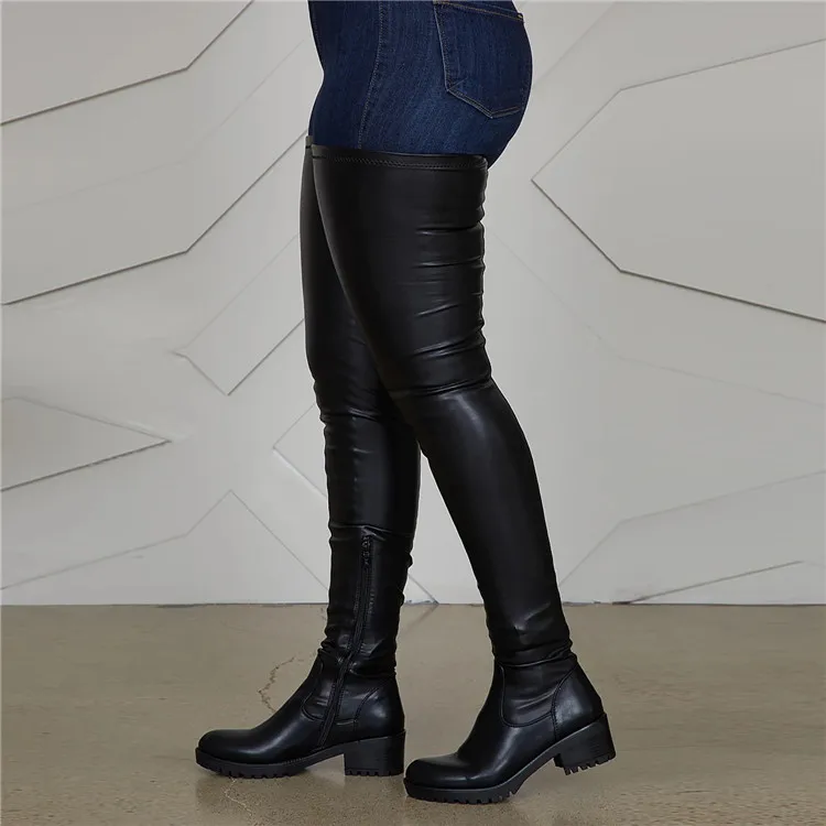 

Solid Color Black Fleece Lined Flat Heel Women's Over The Knee Long Tube Stretch Low Thick Heeled Women's Long Boots, Customized color