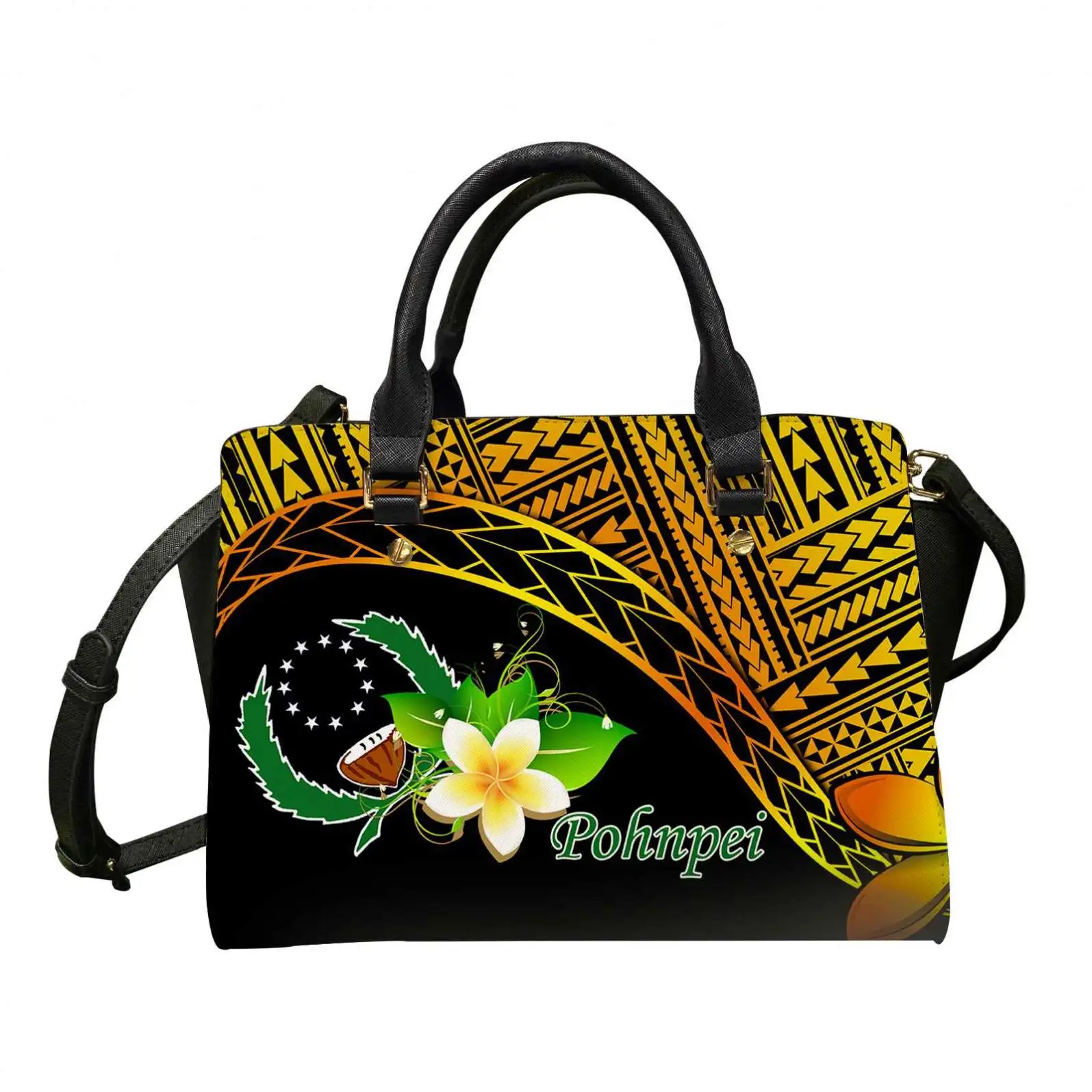 

Pohnpei Micronesian Gold Tribal Wave Printed Leather Handbags for Women Luxury Satchel Purses Shoulder Bags for Lady Work Bags, Accept custom made