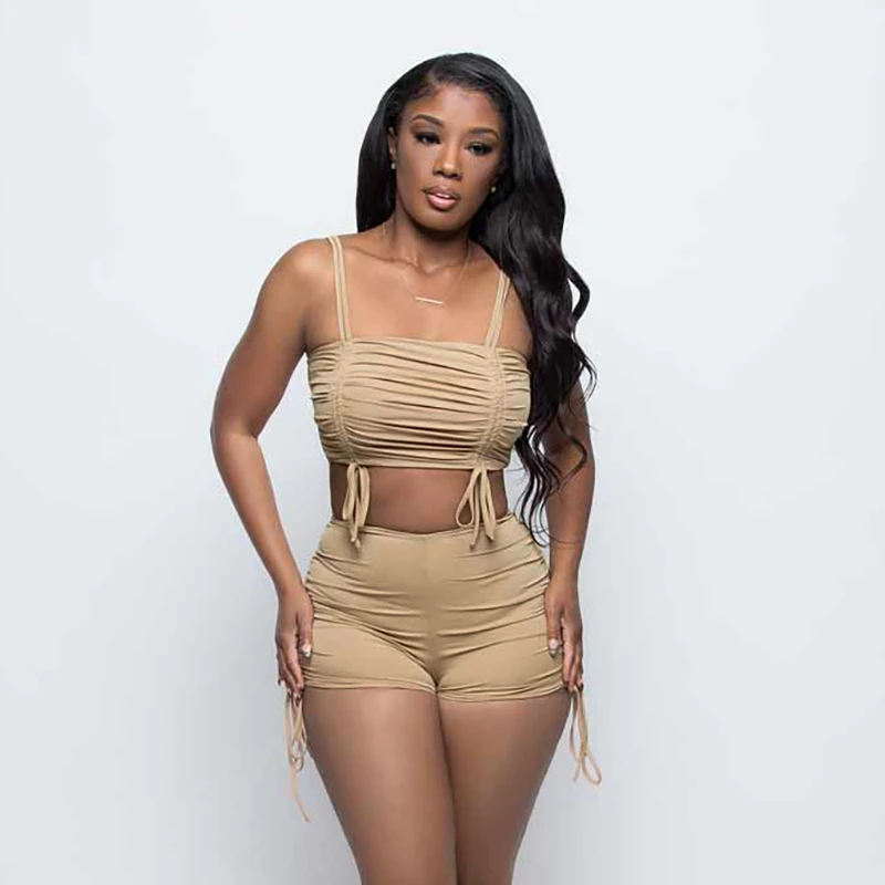 

Kliou M21S03313 Solid Sleeveless Drawstring Ruched Summer Clothing Sets Women Two Piece Short Set