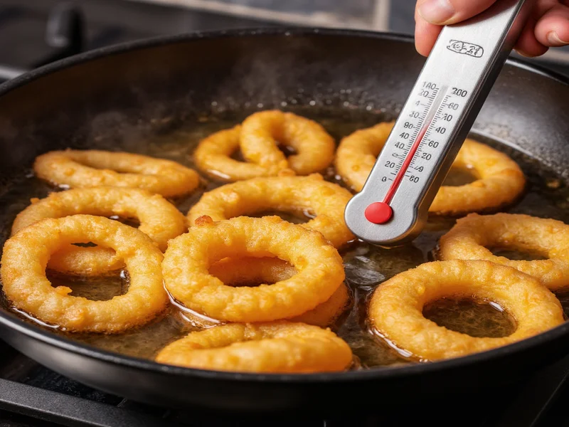 Onion rings frying in oil with thermometer showing 375 degrees