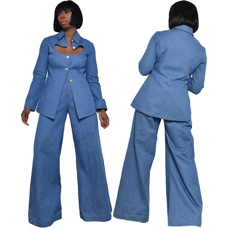 

2022 Y2K Fashion Long Sleeve Double Breasted Front Cut Out Blazer Coat and Denim Pants Women Two Piece Set Outfits