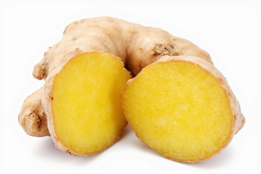 Fresh ginger root sliced open showing fibrous interior texture and golden color