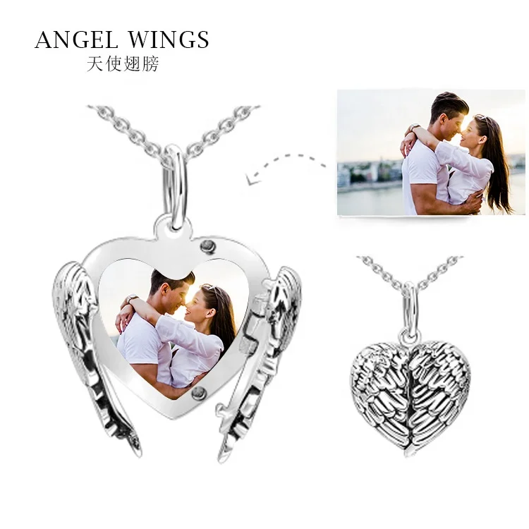 

Valentine Day Gift 925 Sterling Silver Custom Personalized Angel Wing Open Heart Photo Frame Locket Pendant Charm DIY