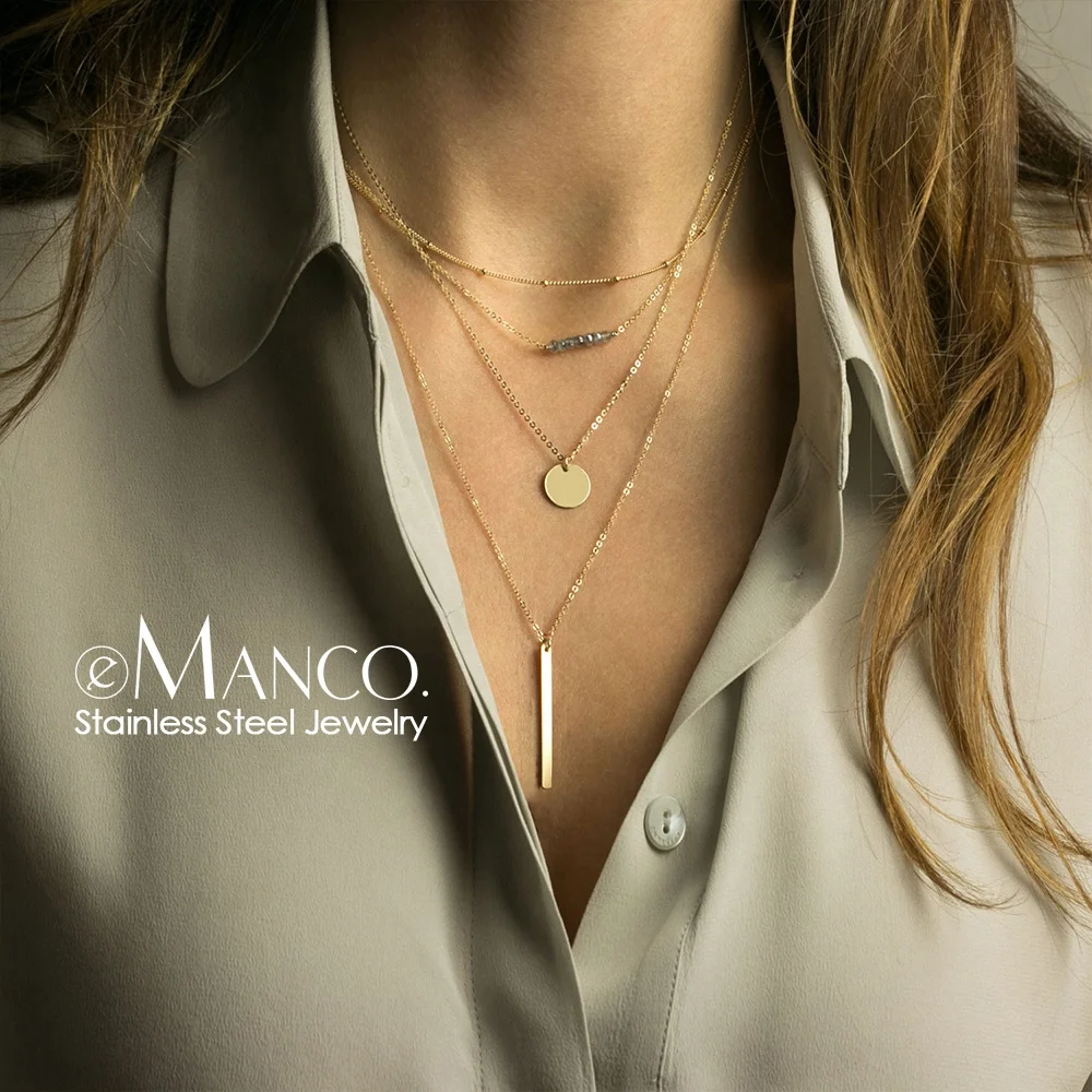 

Cute Multi Layer Necklace Set Crystal Coin Bar Pendant Women Stainless Steel Necklace Minimalist 14k Gold Plated Chain Jewelry