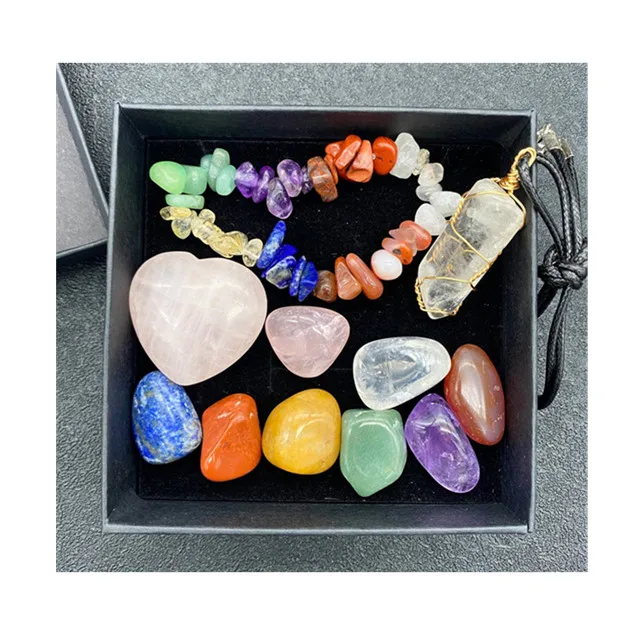 

Natural quartz crystals healing stones natural 7 chakra tumbled stone set for meditation