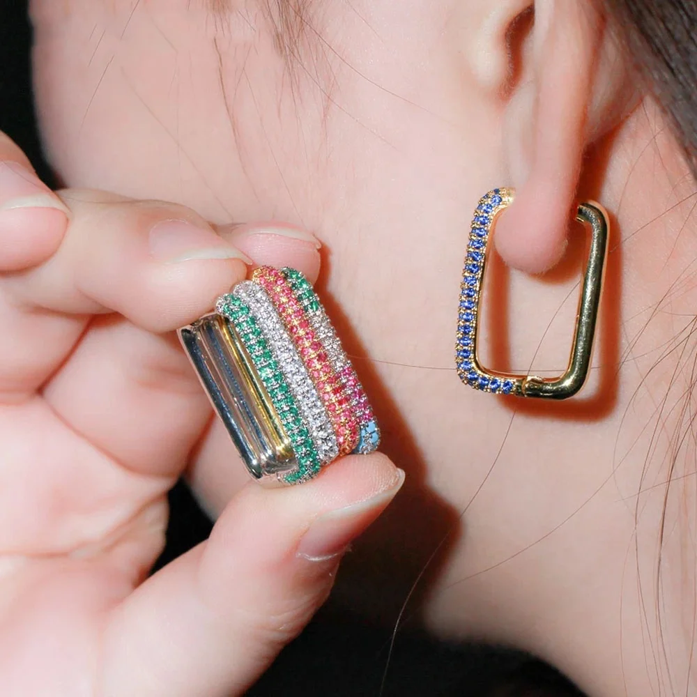 

New Chic Simple Rectangle Shape Gold Color Hoop Earrings for Women Blue Red CZ Crystal Fashion Engagement Earring Jewelry, Gold and silver