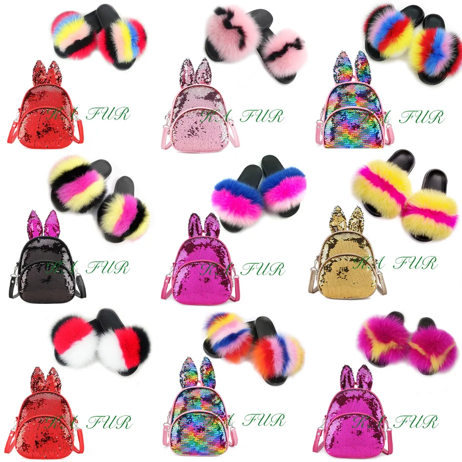 

New popular style children genuine fox fur slipper wholesale kids baby fur slides
