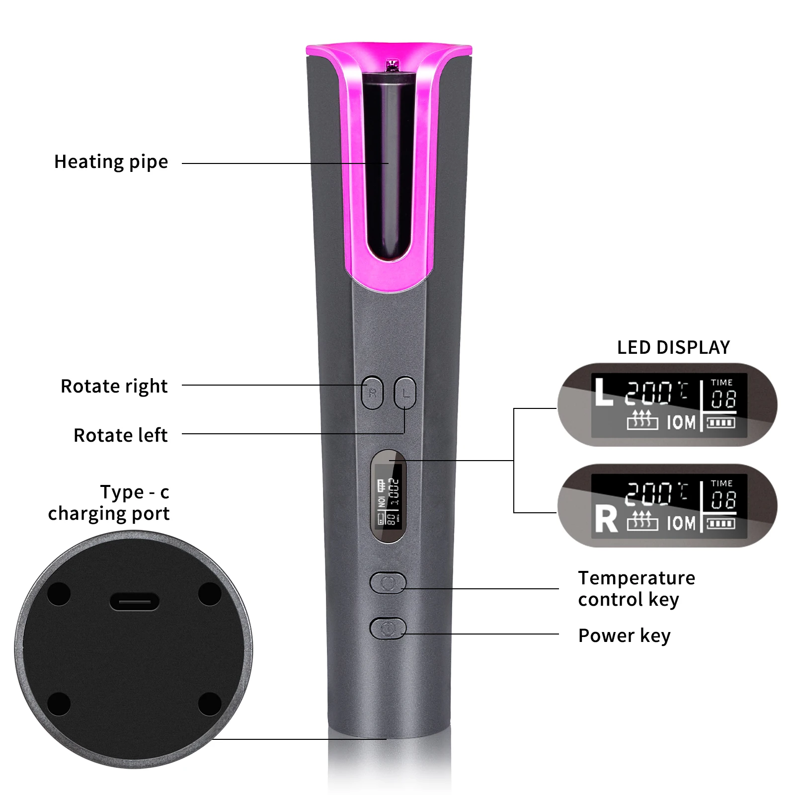 

Cordless Automatic Rotating Hair Curler USB Rechargeable Curling Iron LCD Display Temperature Adjustable Hair Curler Roller Tool, Purple