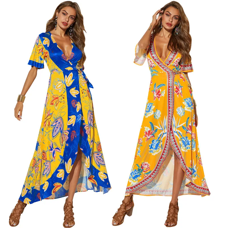 

rYD5215 Sexy deep V neck front slit floral print long maxi yellow sun dresses for women sundress vestidos summer