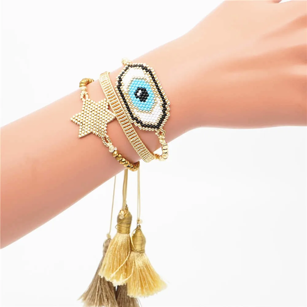 

hotsales devil eye beads charm jewelry 3pcs one set lady hand knitting delicate gold tassel miyuki bracelet for women, As pictures color