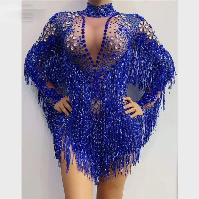 

Blue Silver Rhinestones Transparent Fringe Bodysuit Birthday Celebrate Long Sleeves Dance Bar Women Singer stage show costume