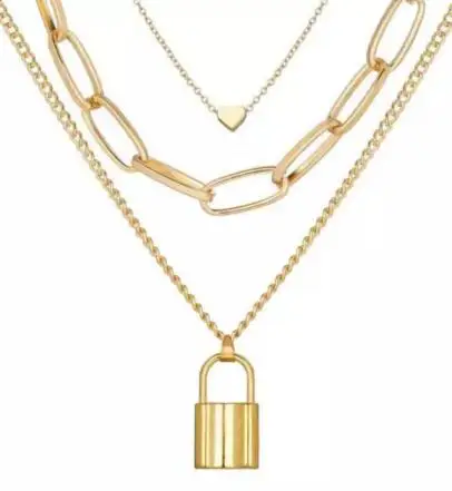 

Vintage Simple Gold Plated Multi Layered Heart Pendant Necklace Three Layers Paperclip Chain Lock Choker Necklace Jewelry