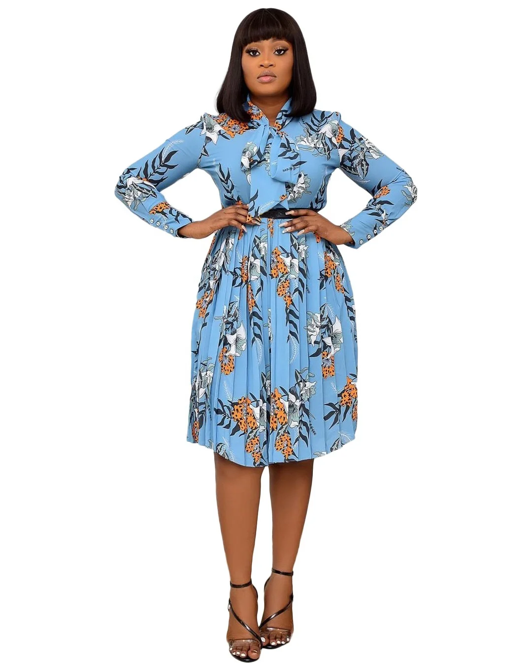 

2021 New fashion women plus-size long-sleeve printed pleated dress, Picture color