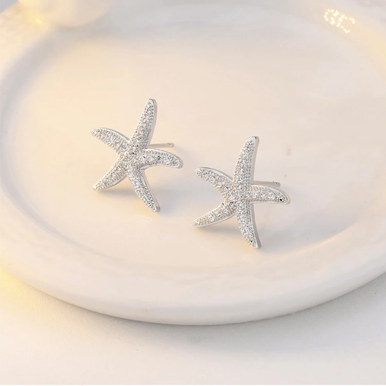 

wholesale 925 Sterling Silver Micro-embedded crystal starfish stud earrings