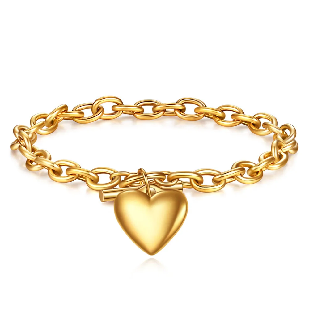 

18k Gold Plated Stainless Steel Bracelets Jewelry Cable Chain wholesale OT Buckle Heart Love Pendant Bracelet for Women