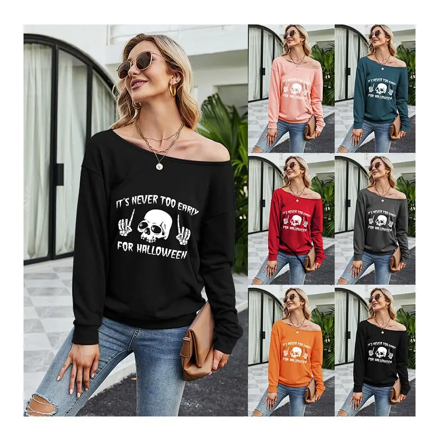 

CR136 long sleeve skull print boutique t-shirt women's halloween t tee holloween shirts for women, Customized color