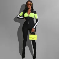 

Stand Neck Long Sleeve Contrast Color Zipper Up Women Bodycon Sport Jumpsuit