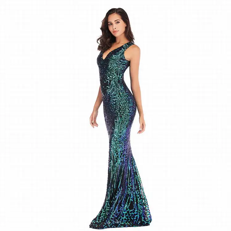 2019 Female Apparel Sequins V-Neck Sleeveless Mermaid Dress Evening Gown