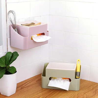 

Wall-mounted Desktop Dual-use Tissue Box Divided Remote Control Storage Box Multi-function Kitchen Rack Tissue Pumping