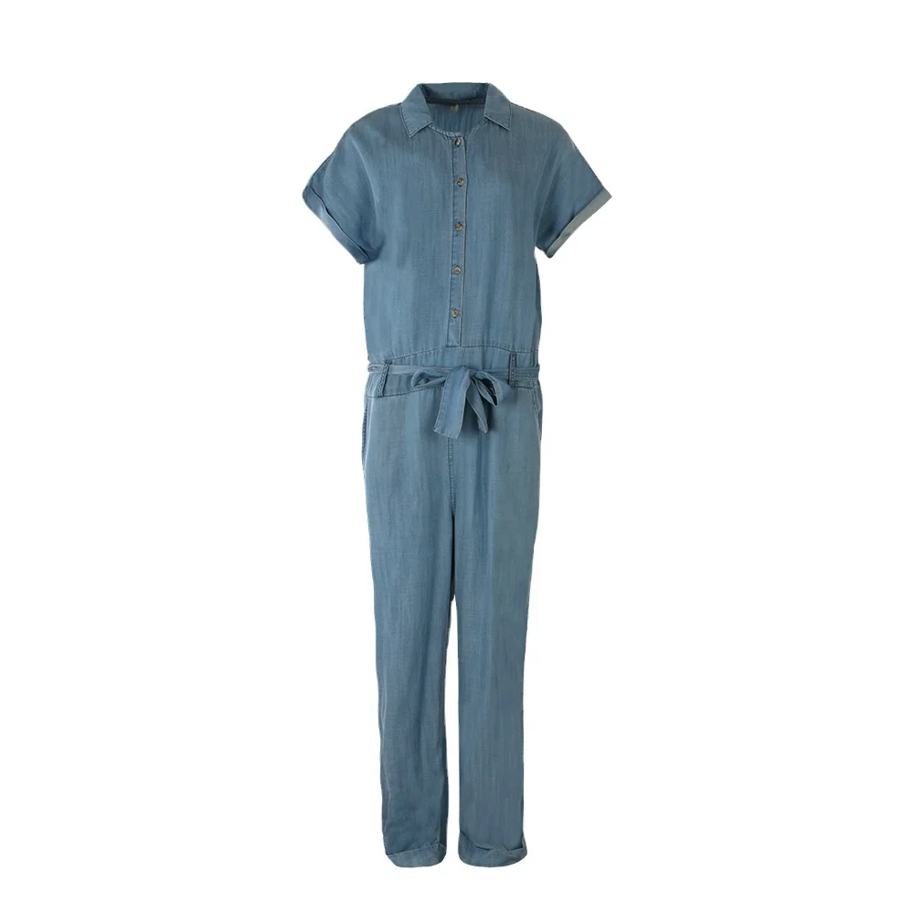 

Custom made adult 100% cotton short sleeve drawstring waist denim jean one piece jumpsuits for women