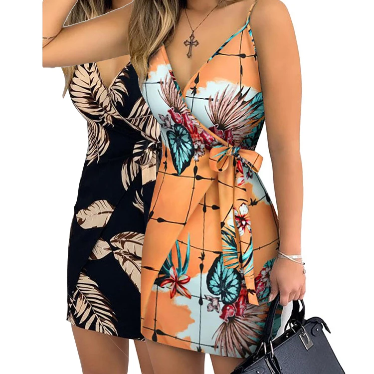 

2021 Sexy Fashion Sling Short Skirt Slim Design V-Neck Tie Dress