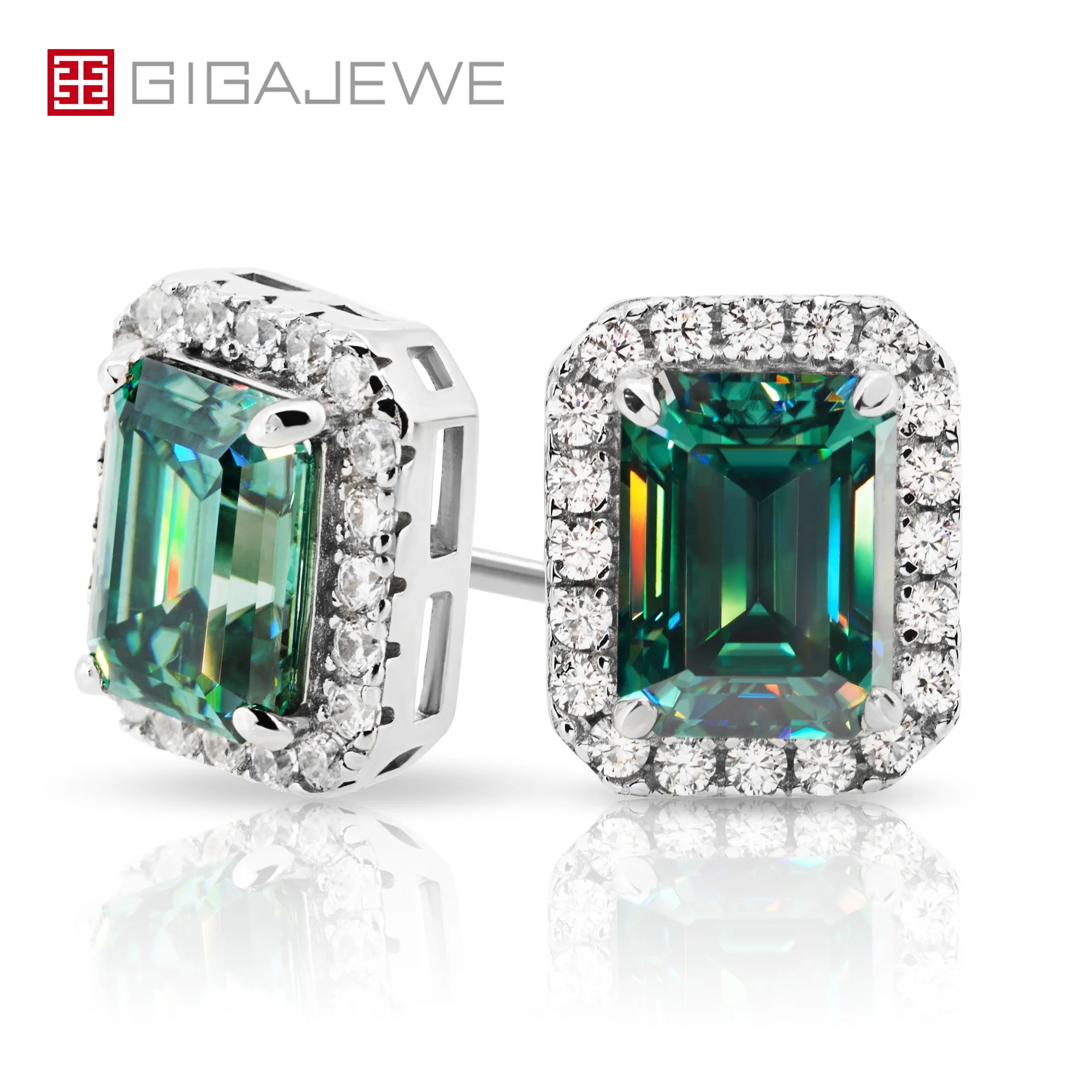 

GIGAJEWE 4.0CT 6X8mm Emerald Cut 9K/14K/18k White Gold Earrings set Green Color Earring Mossanite Emerald