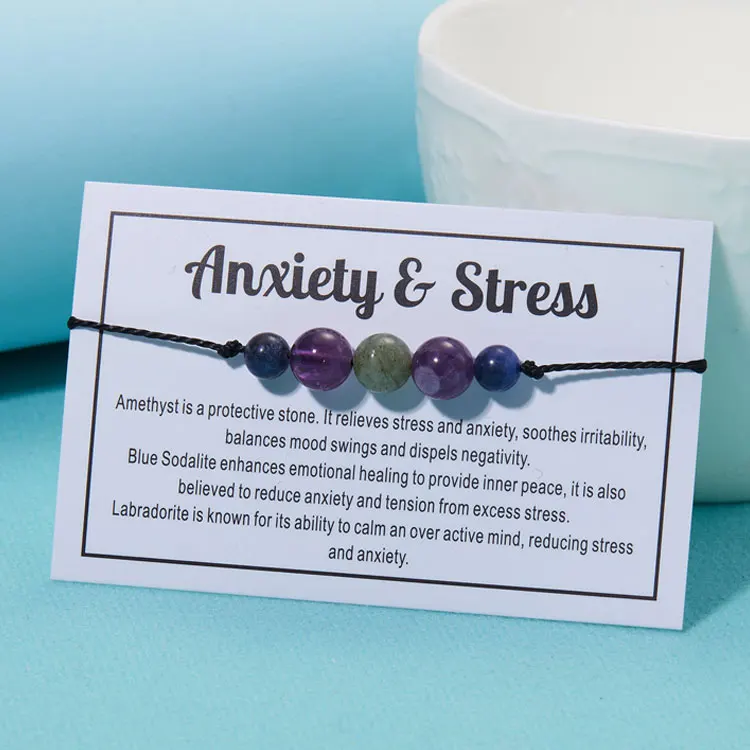 

SC Simple Yoga Meditation Anxiety Bracelet Women Natural 7 Chakra Stone Rose Quartz Amethyst Crystal Beaded Bracelets with Cards