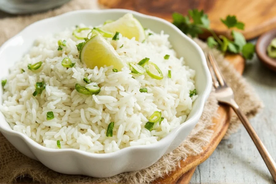 Freshly prepared coriander lime rice in a white bowl with lime slices and cilantro garnish