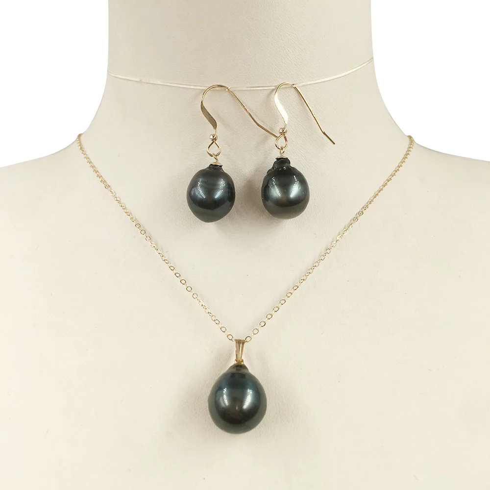 

18 Inch 14K gold filled natural tahitian pearl jewelry set with earring+necklace baroque pearl sea salt pearl nature black