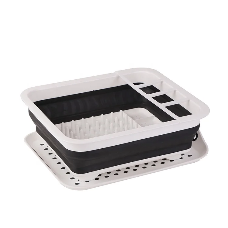 
Collapsible Dish Drying Rack Popup Drain Water Directly into the Sink Sectional Cutlery Utensil Compartment Compact and Portable 