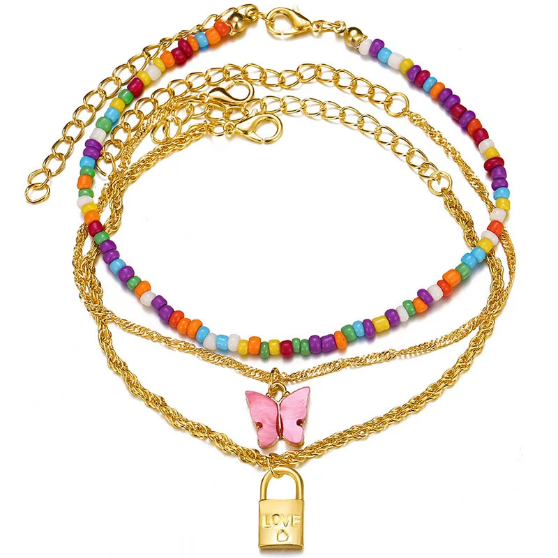 

Multi-element Beach Style Alloy Lock Pendant Anklet Butterfly Anklet for Women