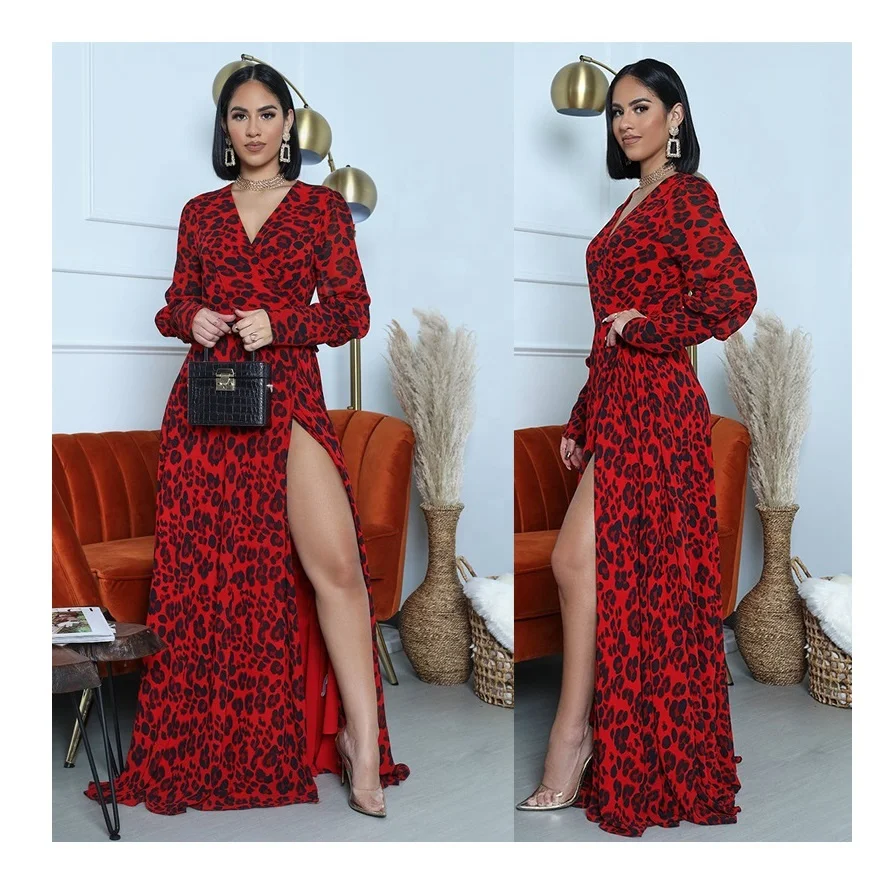 

Casual Evening Dresses Women Leopard Print Slit Long Maxi Dress Sexy Deep V Neck Women Red Long Sleeve Stylish Sexy Dress