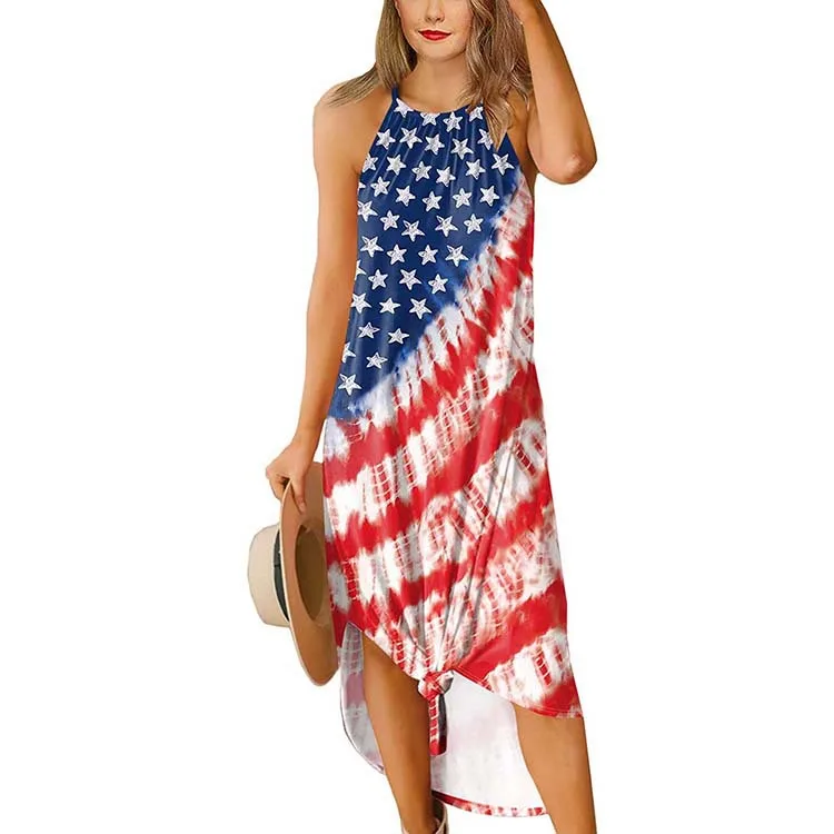 

Hot-selling new style round neck split 4th of july dress with suspenders female clothing