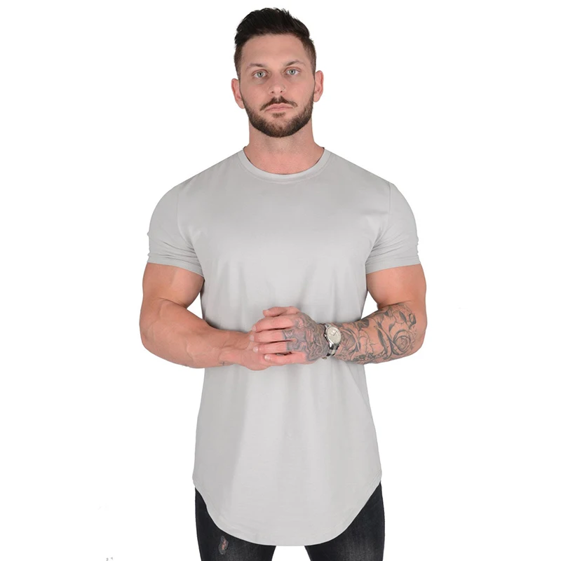 

High Quality Solid Color Leisure Summer Round Neck Short Sleeve Slim Cotton Running Fitness Men Sport Tops, As picture