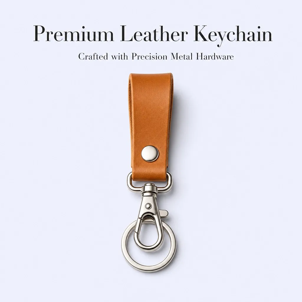 Hand holding the leather keychain with a set of keys