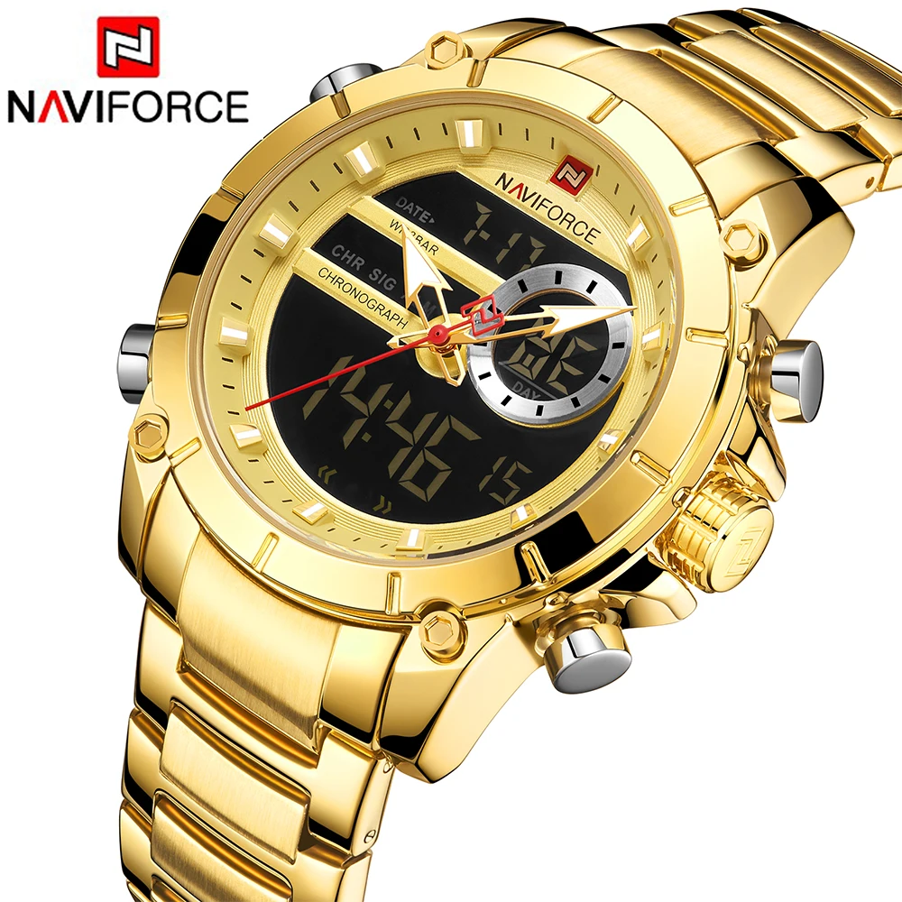 

NAVIFORCE 9163 Sport Men Watches Fashion Nice Digital Quartz Steel Waterproof Dual Display Date Luxury Gold Watches