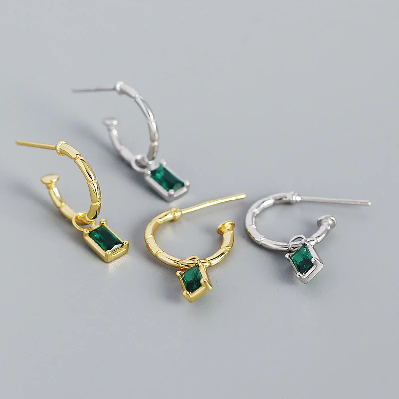 

Elegant 925 Sterling Silver 24K Gold Plated Green Crystal Pendant Bamboo Hoop Earrings For Month's Day Gift