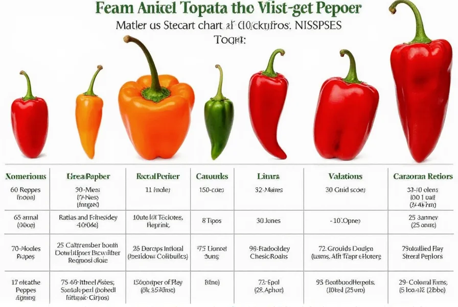 Visual comparison chart showing hot pepper varieties from bell peppers to Carolina Reapers with size and color references