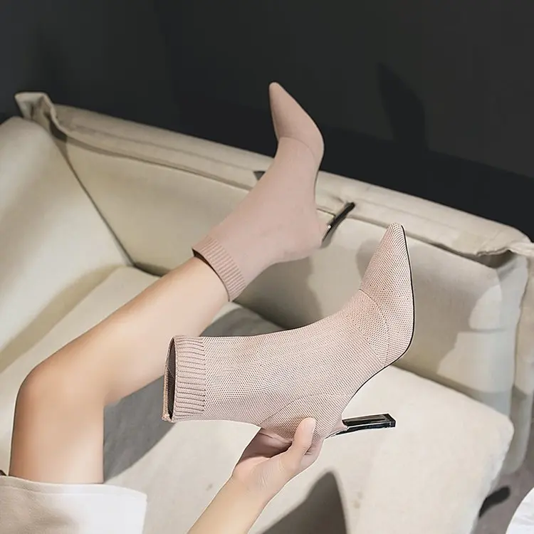 

New coming Fashion Stretch Fabric Elastic Stilettos Heel Pointed Women Metal Blade Heels Socks Boots, As the picture shows